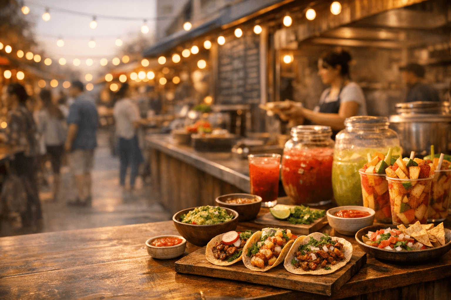 A lively Mercado food market with tacos, fresh drinks, and local vendors